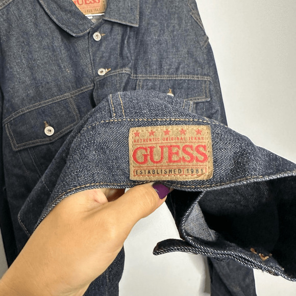 VTG 90s GUESS JEAN Trucker JACKET raw selvedge denim dark wash XXXXL 4XL - Picture 3 of 8